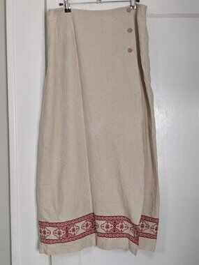 Tan Linen Maxi Skirt with Red Embroidered Hem